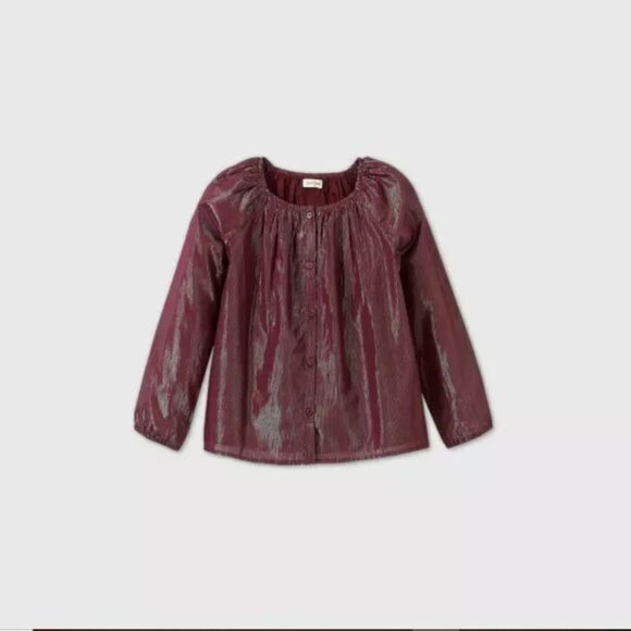 Cat & Jack Girls Burgundy Long Sleeve Button-Front Shine Blouse V-ARIOUS SIZES - Picture 4 of 5
